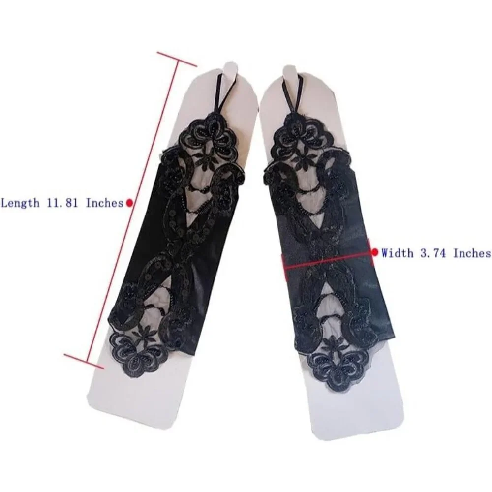 Women's A-Red Sequins Beads Fingerless Satin Gloves Party Prom Accessories